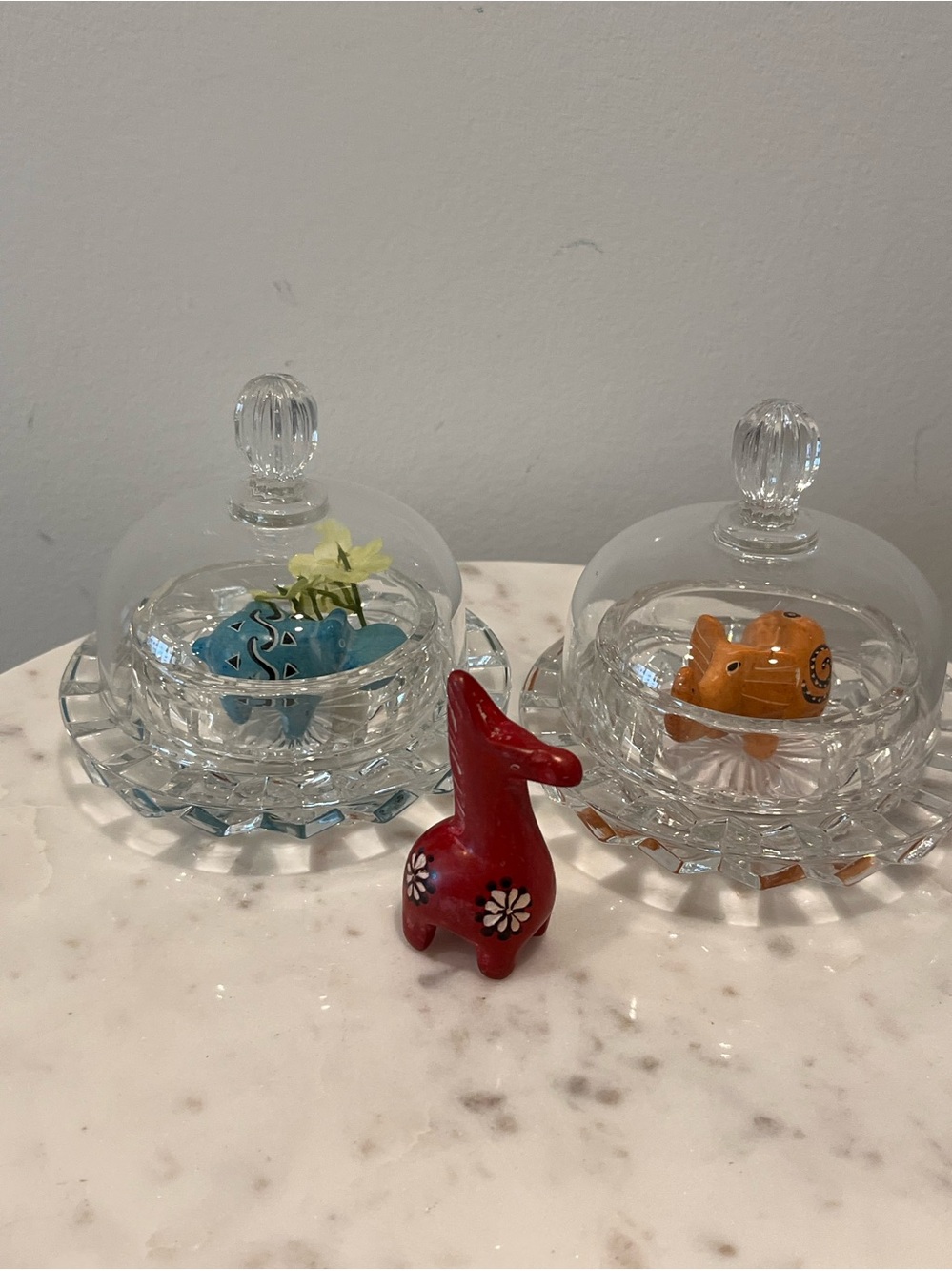 Two tinyHand-Blown Glass Cloche with tiny soap stone figures